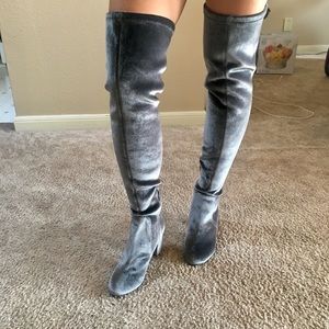Grey thigh high velvet boots